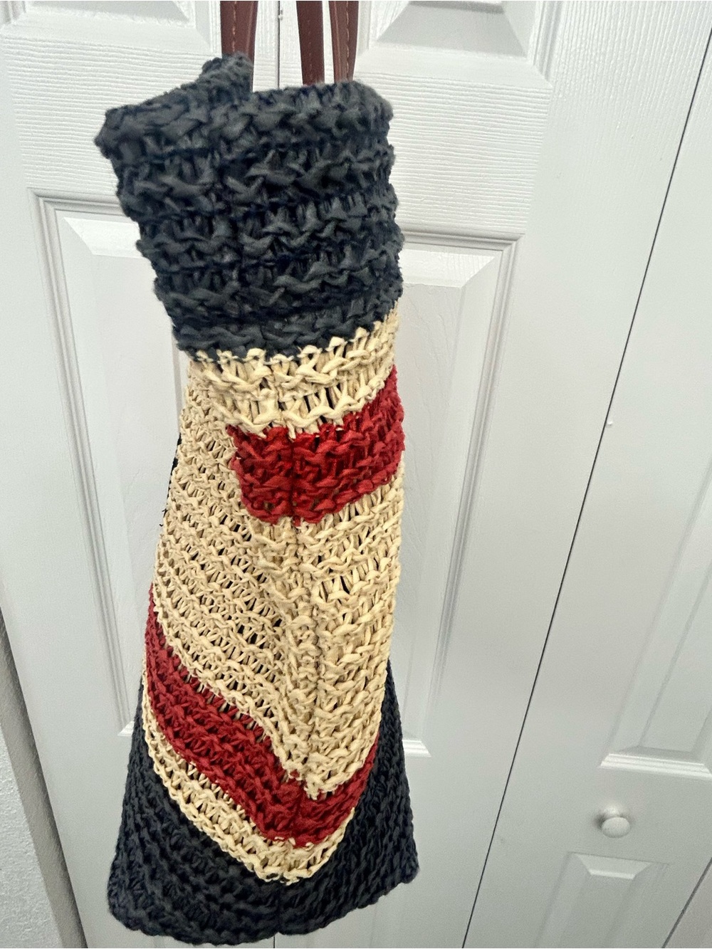Miu Miu Black Cream Red Crochet Straw Tote with Brown Leather Straps looks like - Picture 5 of 14